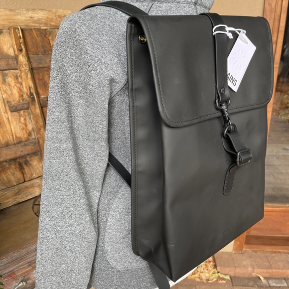 NEW! Rains Black Slim Line Adjustable Backpack. New With Tags. main image 7